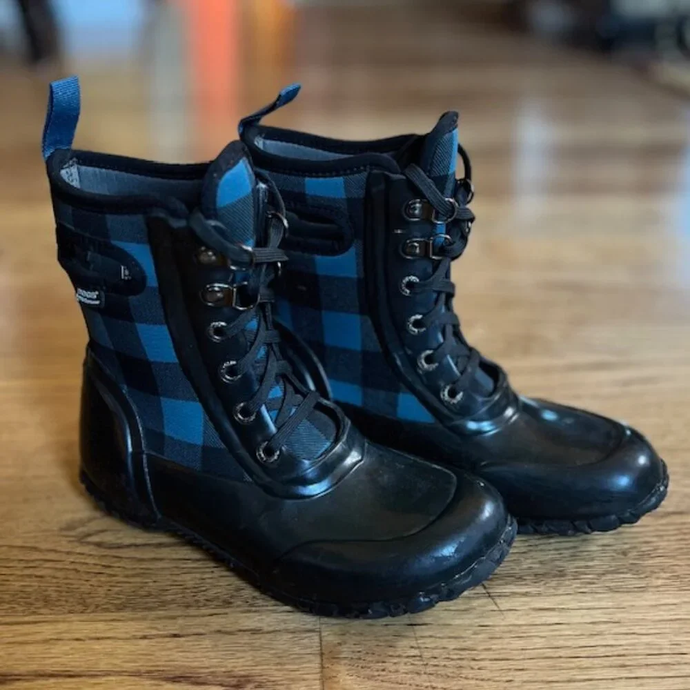 BOGS: TODDLER BOYS 'SYDNEY LACE' WATERPROOF BUFFALO CHECK RAIN BOOTS-SIZE 13T